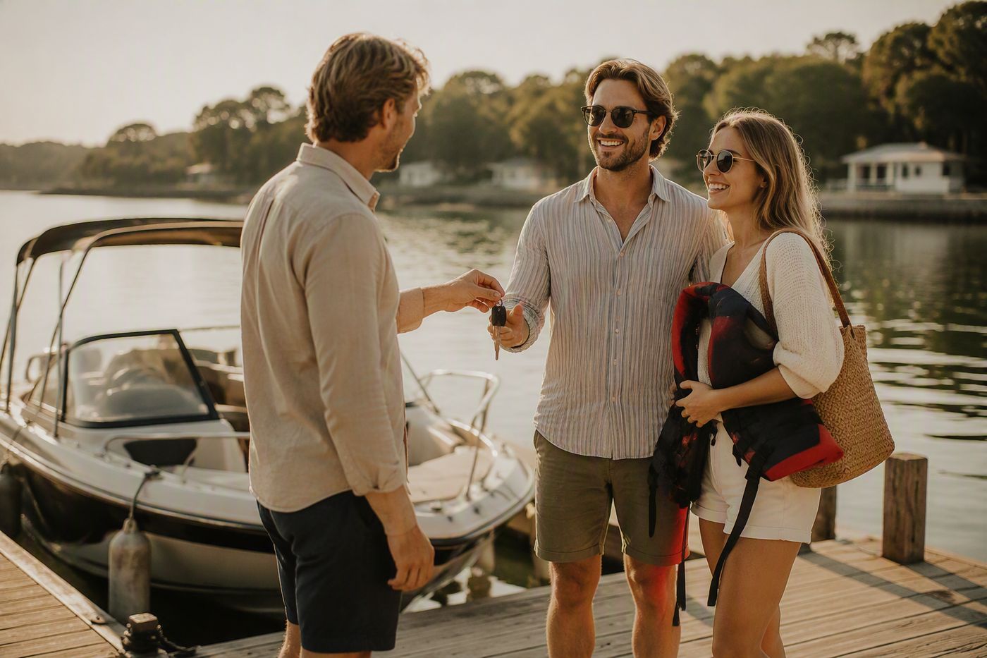 An owner handing over the keys of a moored boat to a hirer for a day's charter
