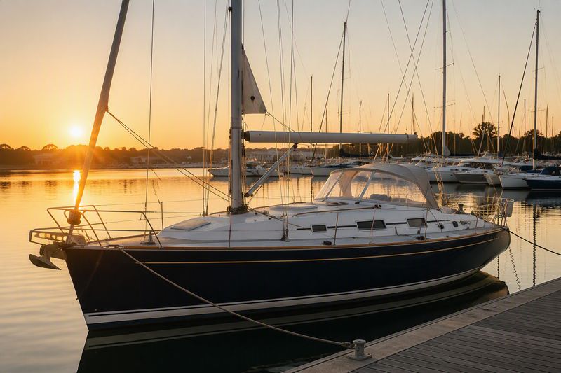Sailing yacht moored in a calm marina at sunrise