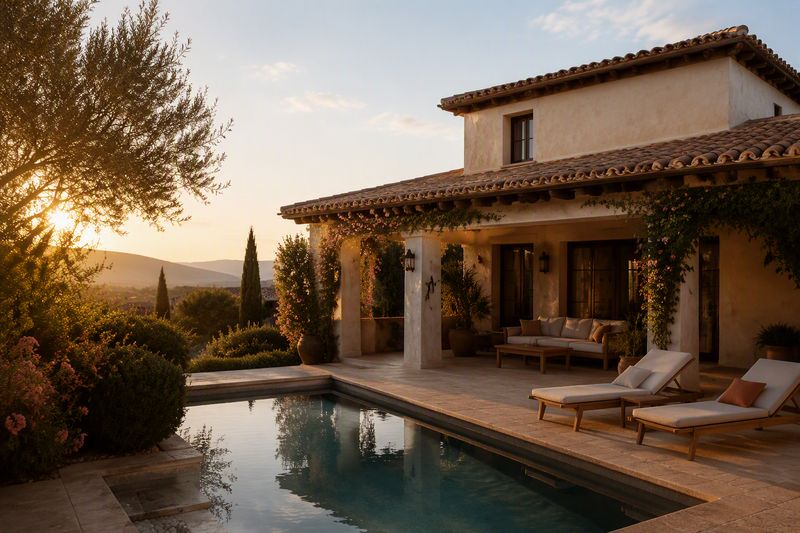 Mediterranean holiday villa with pool at golden hour
