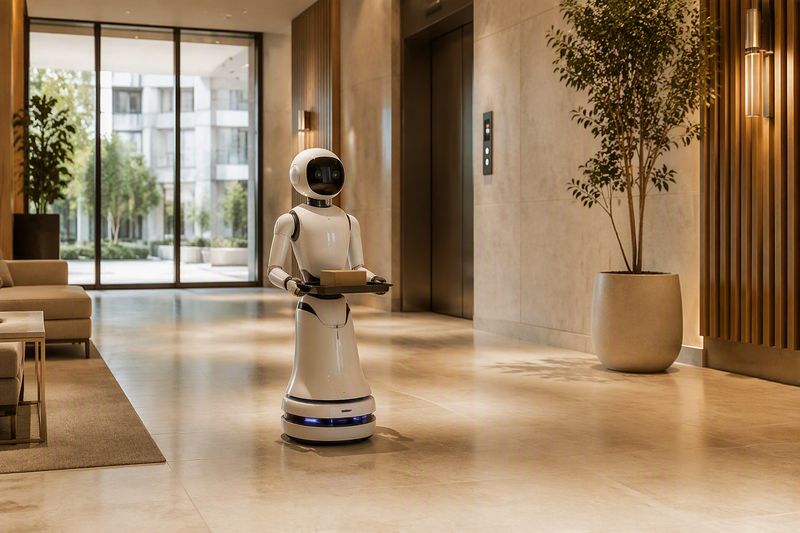 Humanoid service robot in a modern apartment building lobby