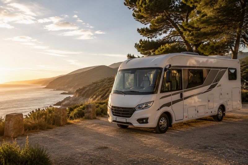Modern motorhome parked at a coastal viewpoint