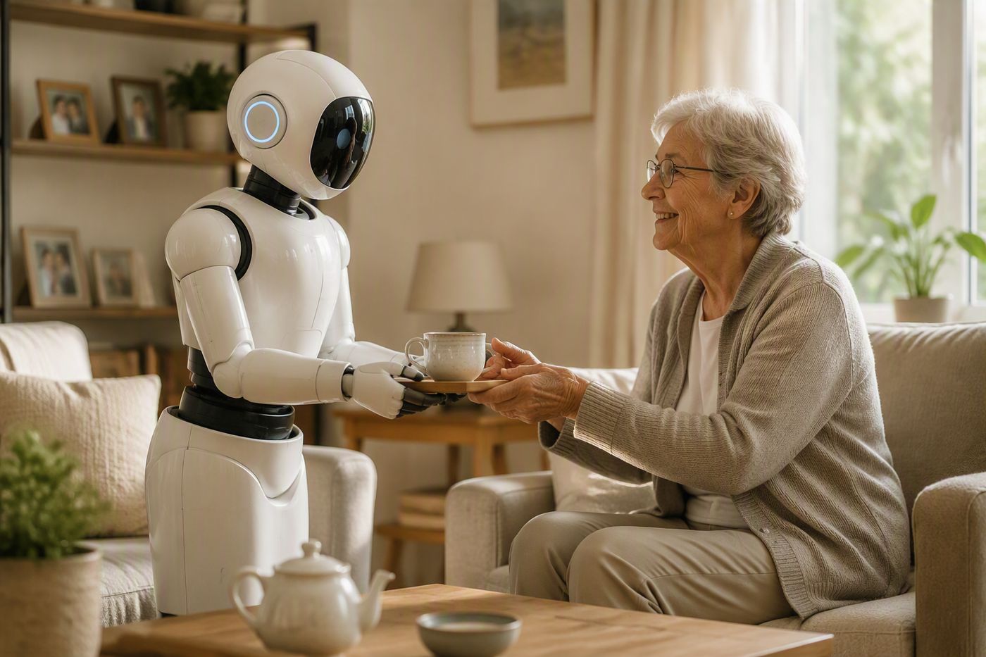 A humanoid care robot assisting an older resident in their home