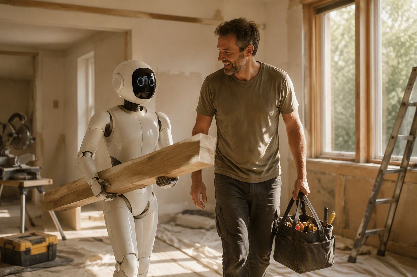 A humanoid robot helping with a home DIY and renovation project