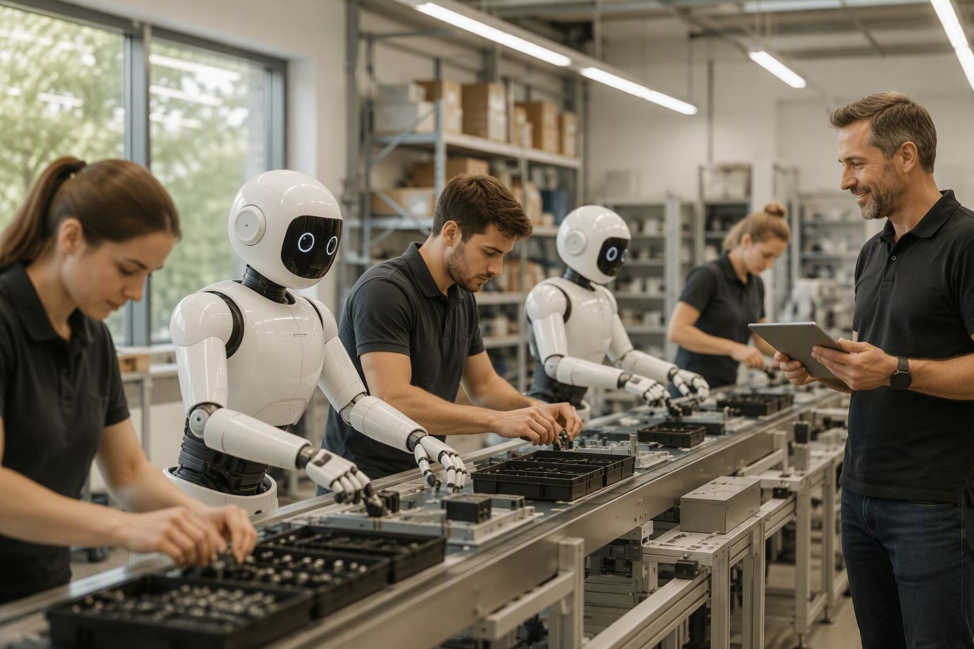 Humanoid robots working alongside staff on a factory production line